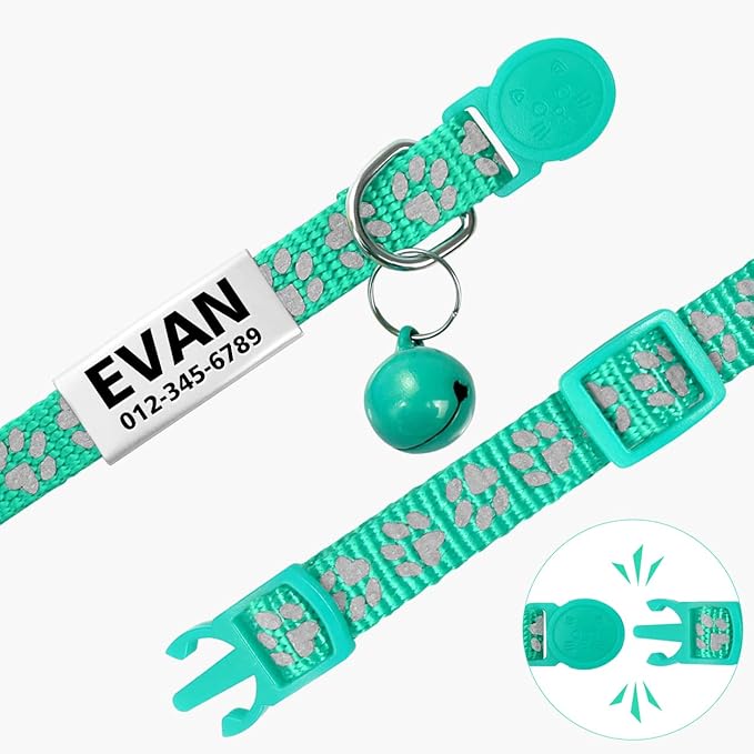 TagME 2 Pack Cat Collar with Name Tag, Personalized Reflective Cat Collar Breakaway with Bell for Boy & Girl Kitten, Turquoise