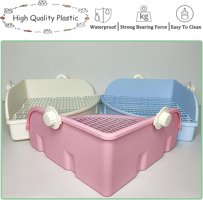 PINVNBY Extra Large Corner Litter Box for Rabbits, Guinea Pigs, Ferrets | 18.3" Fan-Shaped Potty Trainer with Anti-Spill Guard, Durable Plastic & Cage Clips | Easy-Clean Small Animal Toilet Pan (Blue)