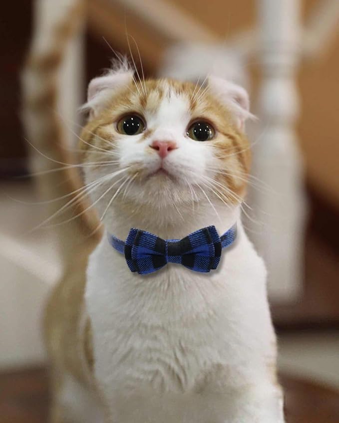 Joytale Upgraded Cat Collar with Bells, Breakaway Cat Collars with Bow Tie, 1 Pack Girl Boy Safety Plaid Kitten Collars, Blue