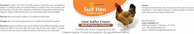 Sulf Hen Lime Sulfur Cream for Poultry Care – Ointment for Pecking Wounds, Chapped Skin, Cuts, Infections and Dermatitis – 2 oz