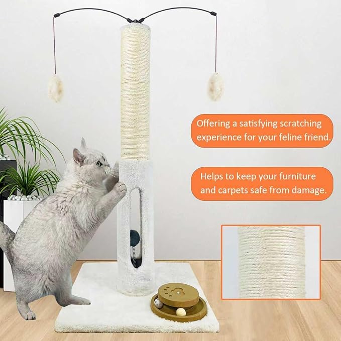 31" Cat Scratching Post Kitten Toys for Indoor Cats Interactive Scratcher with Tracking Ball, Sisal Scratch Rope for Large Cats,Sturdy Base Cat Scratch Post, (Beige, 31" H)