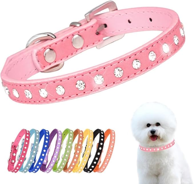 Rhinestone Dog Collar Suede Leather Crystal Diamond Colorful Bling Girl Puppy Cat Collars XS Small Pets (M, Pink)