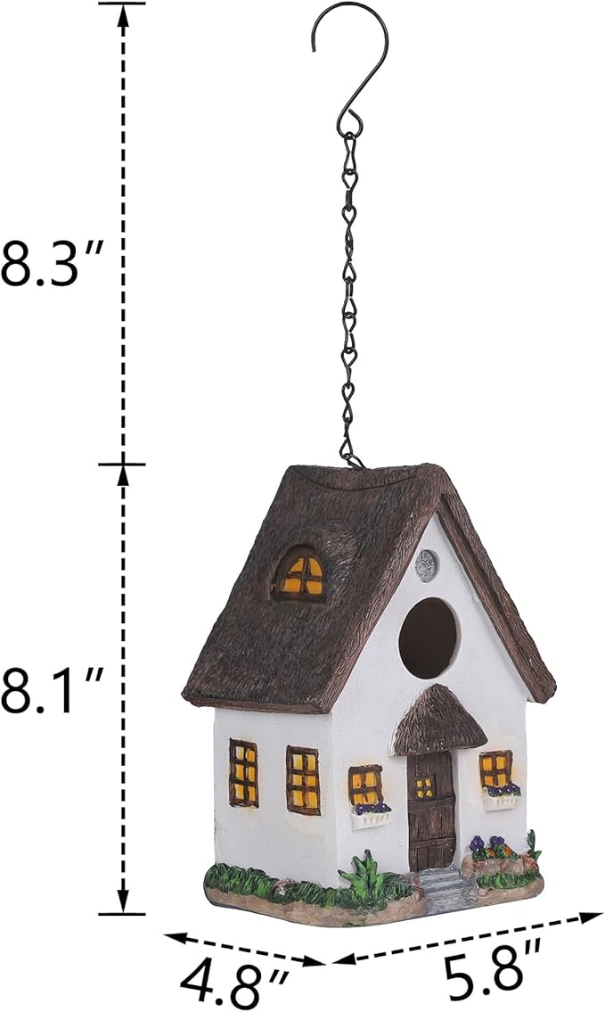 White Resin Cottage Bird House Brown Roof, 1.5" Entry Hole for Small Birds Wrens Sparrows, Rustic Cottage Style Nesting Box, Weatherproof Backyard Garden Decoration