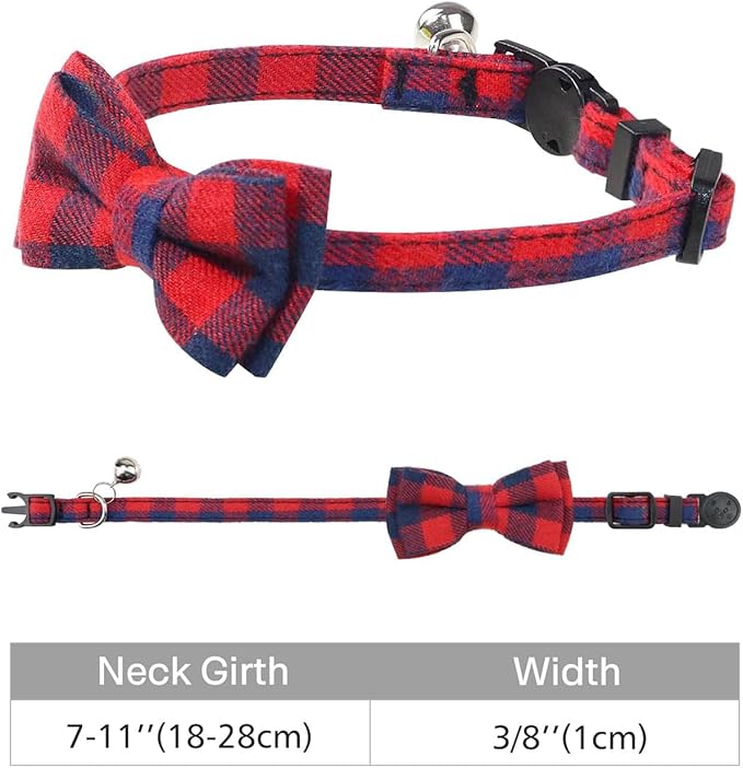 Joytale Upgraded Cat Collar with Bells, Breakaway Cat Collars with Bow Tie, 1 Pack Girl Boy Safety Plaid Kitten Collars, Red