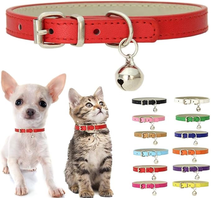 Red Kitten Collar with Bell, Soft Pu Leather Small Dog Collars Adjustable Buckle for XXS XS Extra Small Medium Tiny Female Male Boys Girls Pets Puppy Cats Teacup Yorkie XX-Small