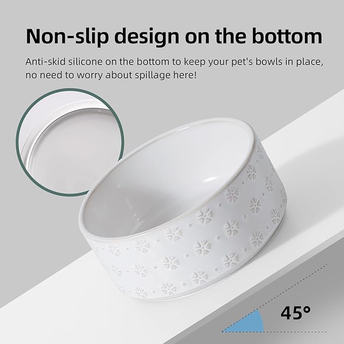 7.3inch Ceramic Raised Double Bowls Set with Acacia Wood Stand, Food & Water Bowls for Medium Breed Dogs, Weighted Dog Dishes, Pet Bowl(41OZ, Arctic White)