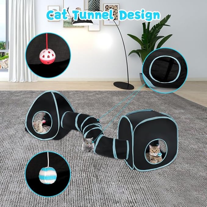 Rypet Cat Tunnels for Indoor Cats with Cube Tent, Interactive Collapsible Cat Tube and Foldable Cubes Playground for Hiding Hunting and Resting, Pet Tube with Bell for Kitten, Rabbit, Puppy, Ferret