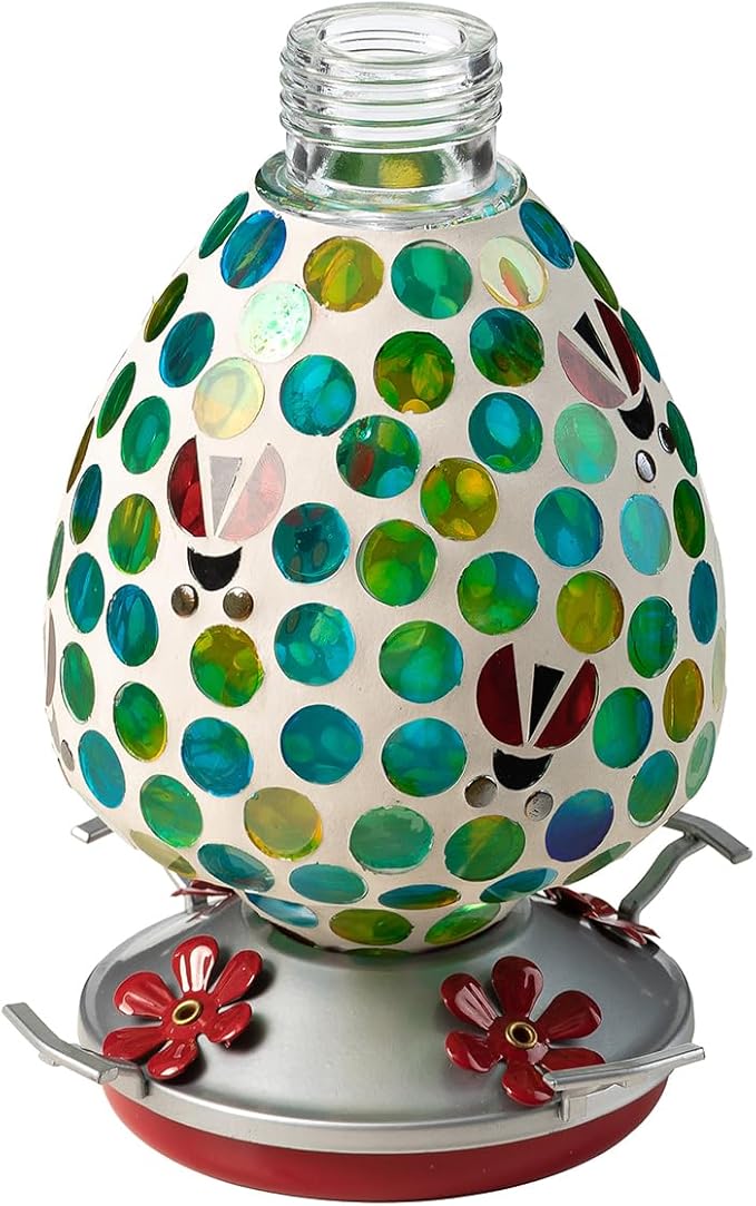 Glitzhome Wild Bird Feeder, 8.25" H Glass Hanging Blue/Green Dots & Ladybugs Mosaic Birdfeeder for Garden, Yard, Backyard, Deck and Porch Decorations