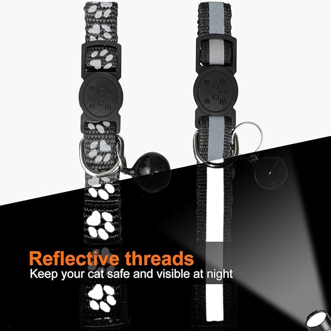 TagME 2 Pack Cat Collar with Name Tag, Personalized Reflective Cat Collar Breakaway with Bell for Boy & Girl Cats, Black