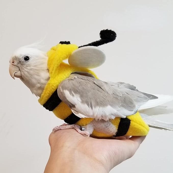 Bird Costume Diaper Flight Suit Bee Shape Hoodie Clothes Cosplay Photo Prop for Parrots Parakeet Cockatiel Sun Conure, Small Animals Apparel (Bee with Diaper, Medium), Green (BPF1)