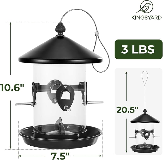 Kingsyard Metal Bird Feeder for Outdoors Hanging with 8 Ports, 3 lbs Large Tube Bird Feeder with Seed Tray for Cardinal Finch, Easy to Fill and Clean, Black