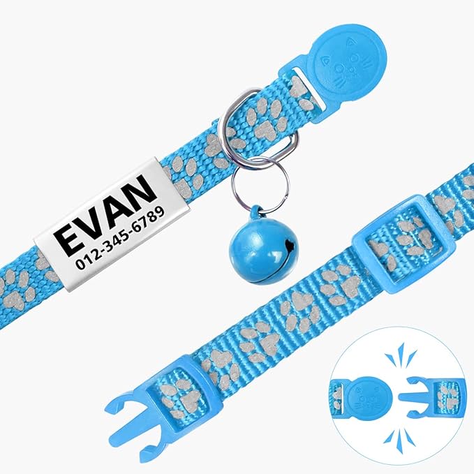 TagME 2 Pack Cat Collar with Name Tag, Personalized Reflective Cat Collar Breakaway with Bell for Boy & Girl Cats, SkyBlue
