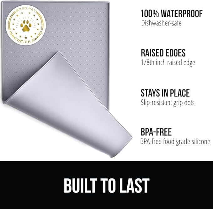 GORILLA GRIP 100% Waterproof Raised Edge BPA Free Silicone Pet Feeding Mat, Dog Cat Food Mats Contain Spills Protects Floors, Placemats for Cats, Dogs Water Bowl, Pets Accessories 23x15 Light Gray
