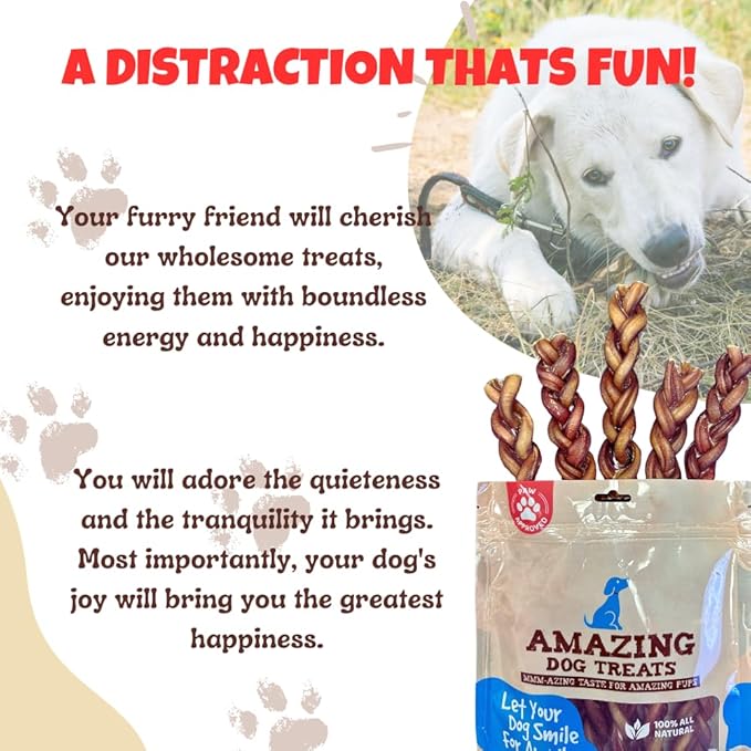 Amazing Dog Treats 12" Braided Bully Stick (5 Pcs/Pack) Bully Stick for Dogs - Made from Premium Grass Fed Beef