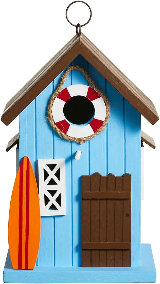 Glitzhome Bird Houses for Outside,10" H Modern Solid Wood Hand Painted Hanging Bird House Beach Hut Decorative Pet Cottage Outdoor Garden Birdhouse for Finch Bluebird Cardinals,Blue