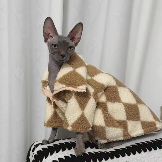 Turtleneck Sphynx Cat Winter Clothes, Double-Sided Fleece Jacket with Zipper, Sweater for Sphynx Cat Winter Warm Outfit Coat for Hairless Cats and Small Dogs Apparel with Sleeves (Diamond, X-Large)