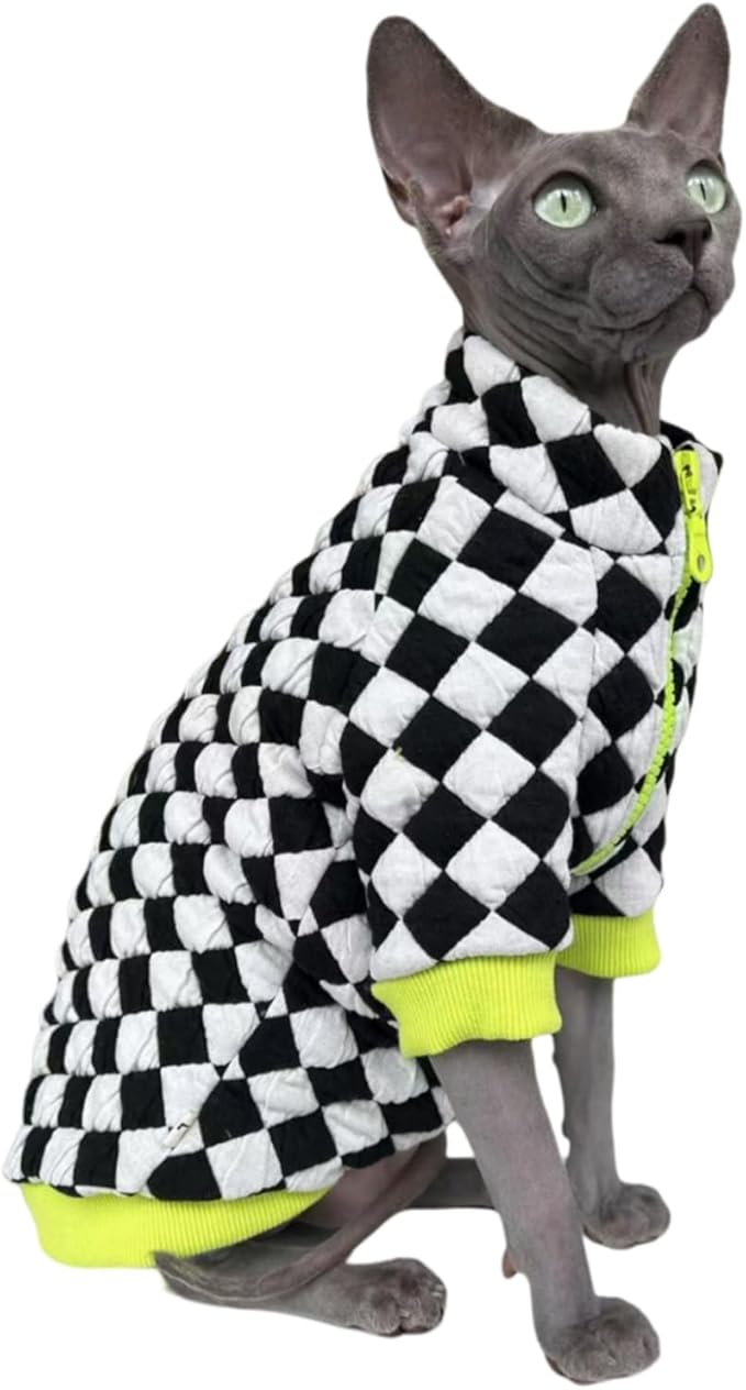 Turtleneck Sphynx Cat Winter Clothes, Double-Sided Fleece Jacket with Zipper, Sweater for Sphynx Cat Warm Outfit Coat for Hairless Cats and Small Dogs Apparel with Sleeves (Checkerboard, Large)