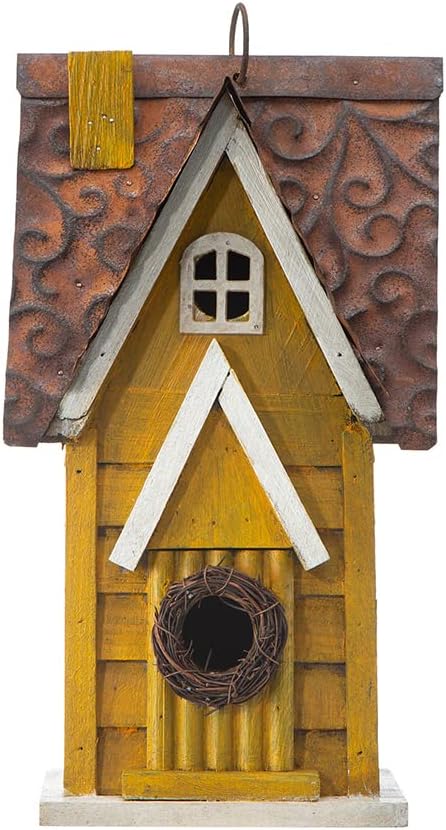 Glitzhome 12" H Yellow Distressed Solid Wood Cottage Birdhouse Hanging Bird House for Outdoors