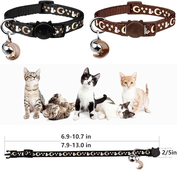 2PCS Breakaway Cat Collars with Bell Cute Kitty Glow in The Dark Adjustable Kitten Collars 7.9-13.0 Inch(Brown&Black)
