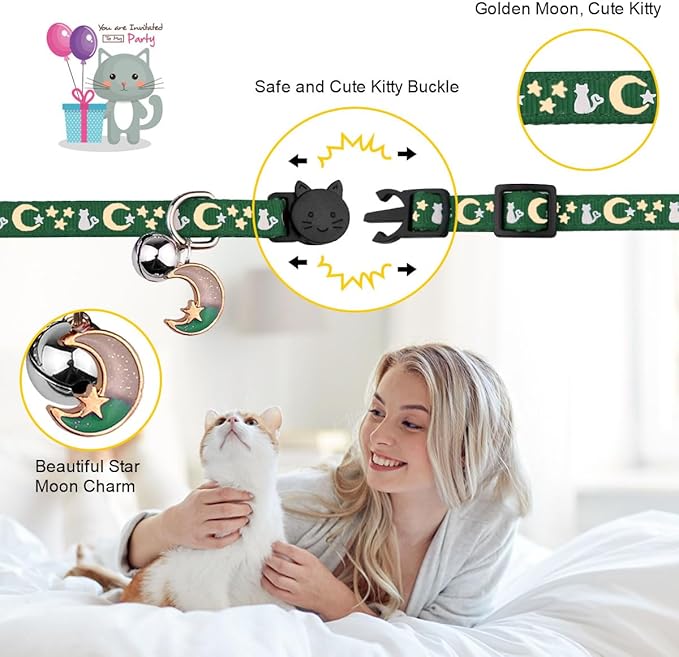 2PCS Breakaway Cat Collars with Bell Cute Kitty Glow in The Dark Adjustable Kitten Collars 7.9-13.0 Inch(Deep Green&Black)