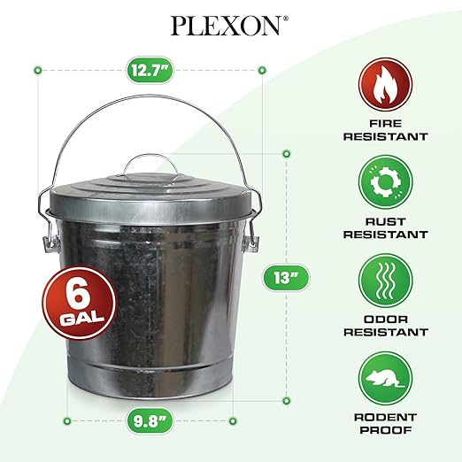 Plexon 6 Gallon Small Metal Trash Can with Lid Outdoor Galvanized Metal Bucket with Locking Lid for Poultry Feed Bird Seed Storage Ash Garbage Trash Bin