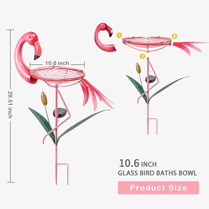 VCUTEKA Glass Bird Bath Outdoor Solar BirdBath Bird Feeder with Metal Stake Garden Decor, Flamingo