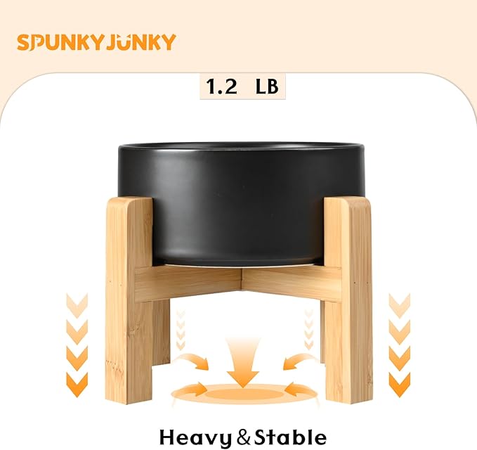 SPUNKYJUNKY Ceramic Elevated Dog Bowls 2 Pack - 5.1inch Raised Dog Bowls with Non-Slip Wooden Stand for Small Dogs Dishwasher Safe(Black,13.5OZ*2)