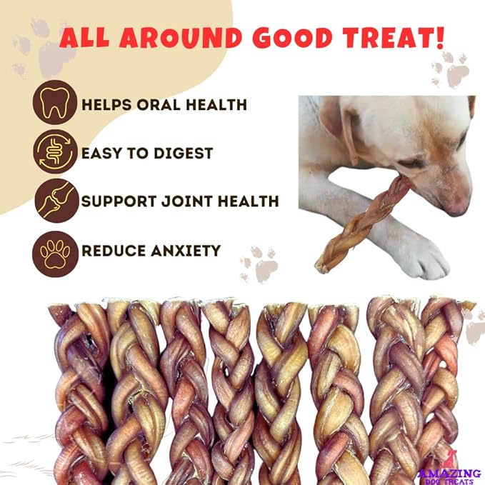Amazing Dog Treats 12" Braided Bully Stick (5 Pcs/Pack) Bully Stick for Dogs - Made from Premium Grass Fed Beef