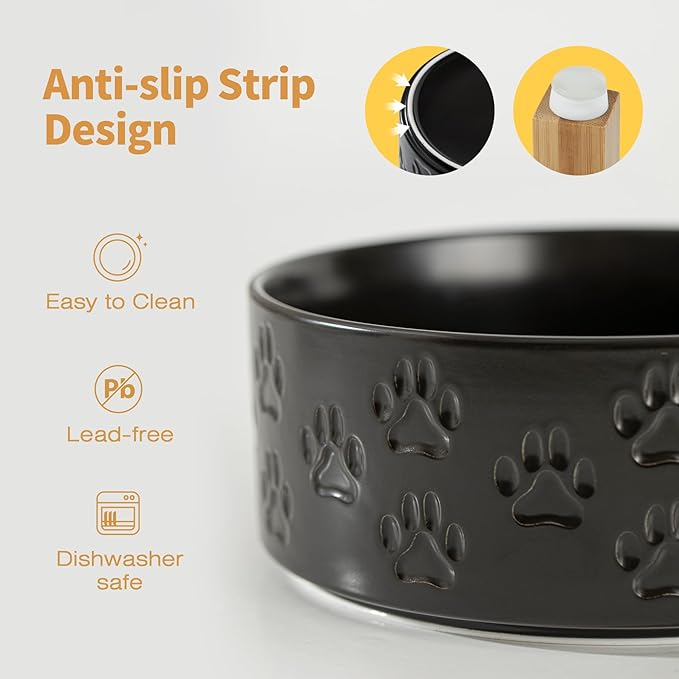Elevated Ceramic Dog Bowls, 8.3" Food & Water Bowls with Stand, Elevated Dog Dishes for Large Breed Dogs, Microwave Safe, Dishwasher Safe (Double Bowls + Stand - Black, 8 inch)