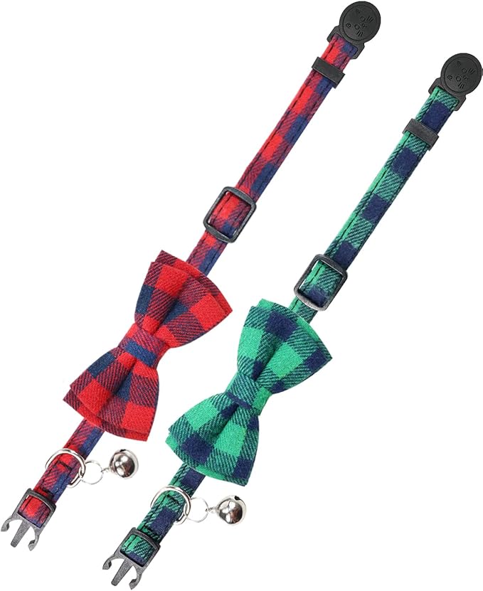Joytale Upgraded Cat Collar with Bells, Breakaway Cat Collars with Bow Tie, 2 Pack Girl Boy Safety Plaid Kitten Collars, Green+Red