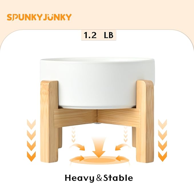 SPUNKYJUNKY Ceramic Elevated Dog Bowls 2 Pack - 5.1inch Raised Dog Bowls with Non-Slip Wooden Stand for Small Dogs Dishwasher Safe(White,13.5OZ*2)