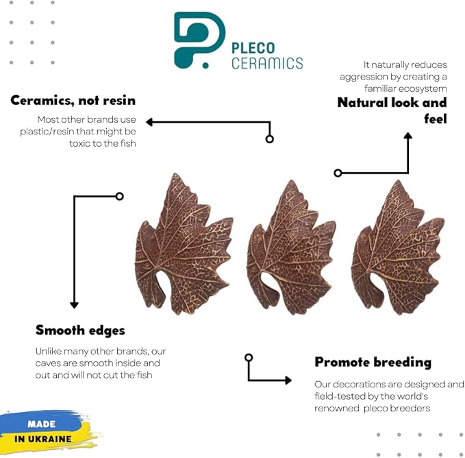 Plecoceramics Aquarium Ceramic Decorations Cave Betta Stone Decor - Aquarium Fish Tank Hideway Decor for breeding Cichlids Plecos Betta Toys Hideout (Leaves)