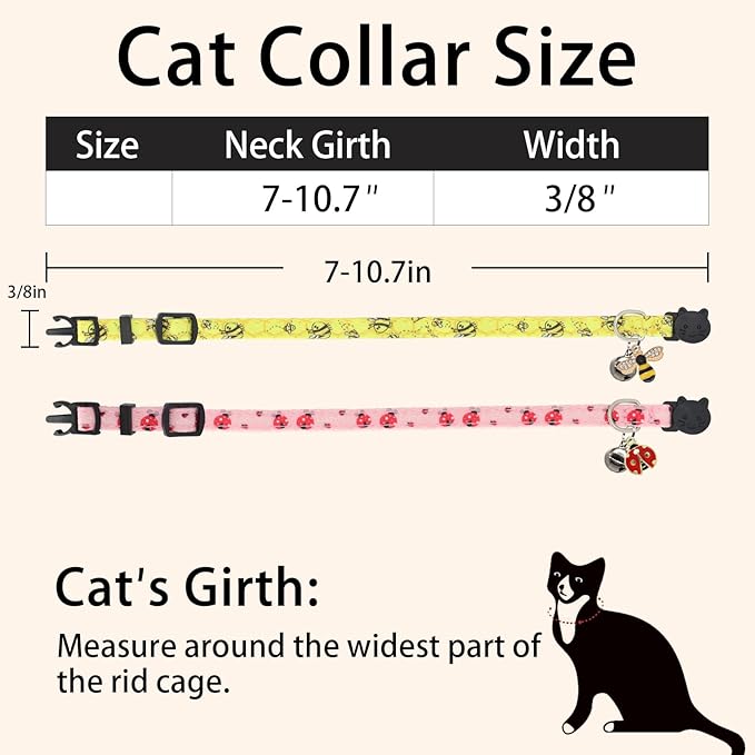 Cat Collar Breakaway, 2 Pack Cotton Cats Collars with Bells, Cute Bee and Ladybug Shaped for Girl Boy Kittens