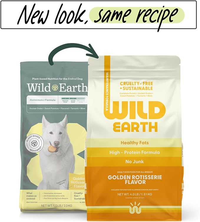 Wild Earth Vegan Dry Dog Food | Plant-Based Maintenance Formula | Vegetarian, Allergy Relief, Veterinarian-Developed for Complete Nutrition | Golden Rotisserie Flavor, 4 Pound Bag