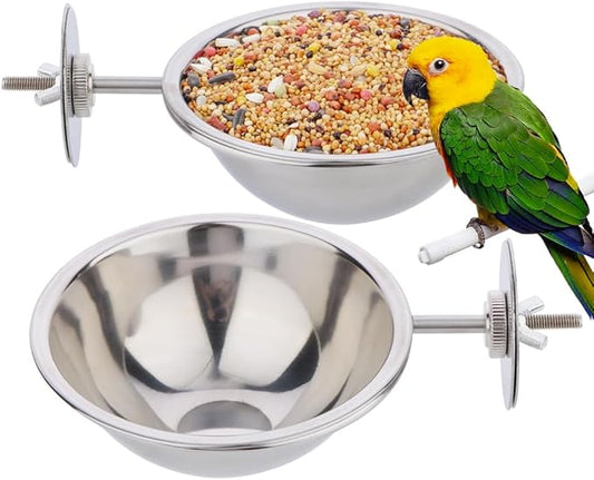 2 Pack Bird Feeding Dish Cup, Stainless Steel Birdcage Food Bowl with Clamp Holder for Bird Parrot Parakeet Macaw Finches Lovebirds Cockatiel Conure Budgies