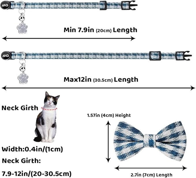 Personalized Breakaway Cat Collars - ID Tag, Bell, Bowtie - Safety Quick-Release, Customized for Girls & Boys Cats (Houndstooth-Blue)