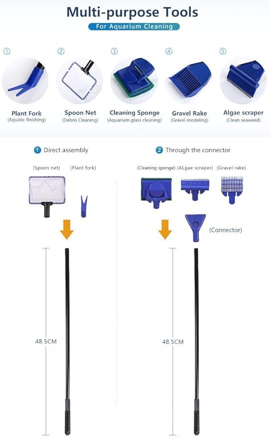 5 in 1 Aquarium/Fish Tank Cleaning Kit/Tool, Algae Scraper, Fish Net, Sponge, Plant Fork, Gravel Rake, Length 19 inches (Non-Extendable)