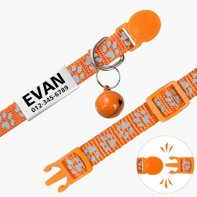 TagME 2 Pack Cat Collar with Name Tag, Personalized Reflective Cat Collar Breakaway with Bell for Boy & Girl Cats, Orange