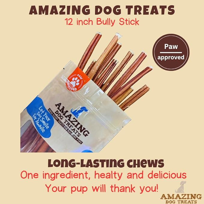 Amazing Dog Treats - 12 Inch Medium Size Bully Sticks (50 Count) - Bulk Bully Sticks for Dogs - No Hide Bully Stick Dog Bones