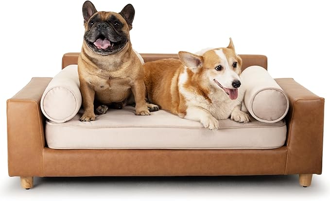 dCee Luxury Large Dog Sofa Bed, Holds 160 Lbs, 42 in. Luxury Leather Dog Couches with Removable Washable Velvet Cushion for Comfort Sleep, Joint Support for Different Pet Sizes