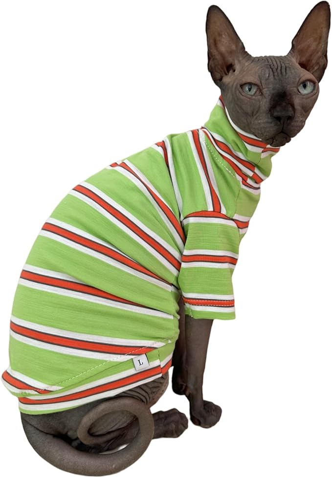Vintage Stripes Sphynx Hairless Cats Shirt Cotton Cat Turtleneck Pet Clothes Kitten T-Shirts with Sleeves for Sphynx Cornish Rex, Devon Rex, Peterbald (Orange & Green, Large (Pack of 1))
