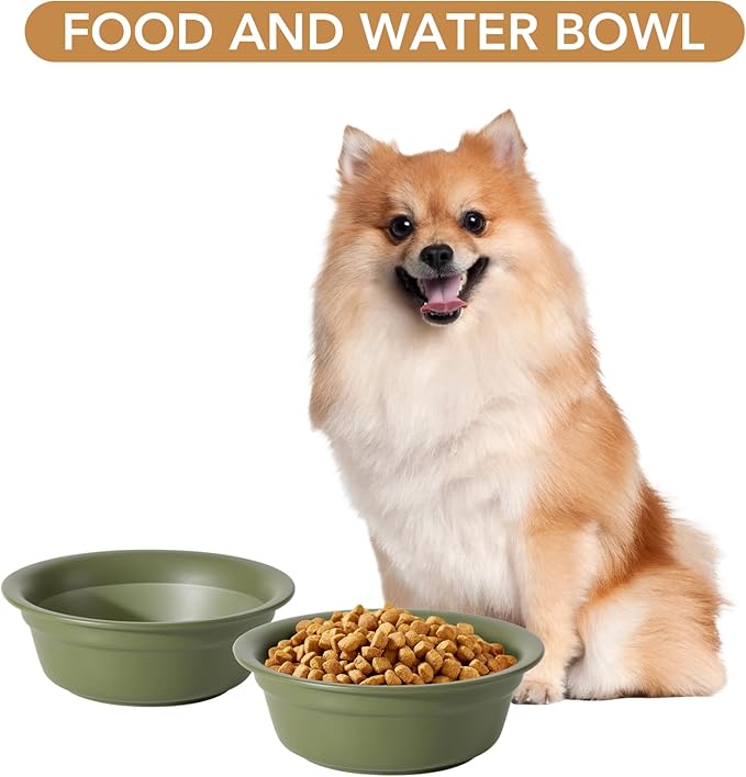 Ceramic 5.5inch Set of 2 Dog and Cat Bowls, 2pcs Basic Food and Water Dishes for Puppy, Kitty, Wide Opening Rounded Edge (2 Bowls, Olive Green)