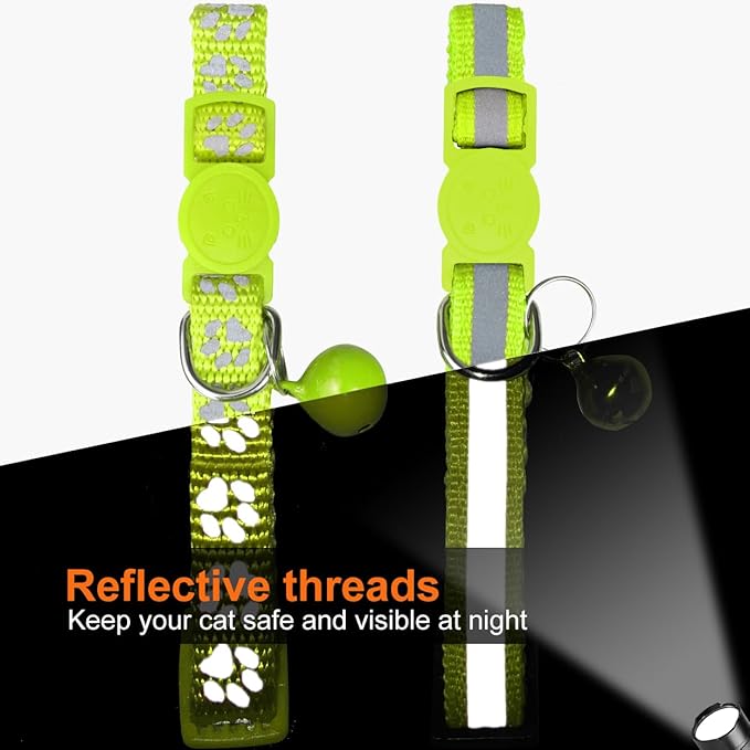 TagME 2 Pack Cat Collar with Name Tag, Personalized Reflective Cat Collar Breakaway with Bell for Boy & Girl Cats, Green