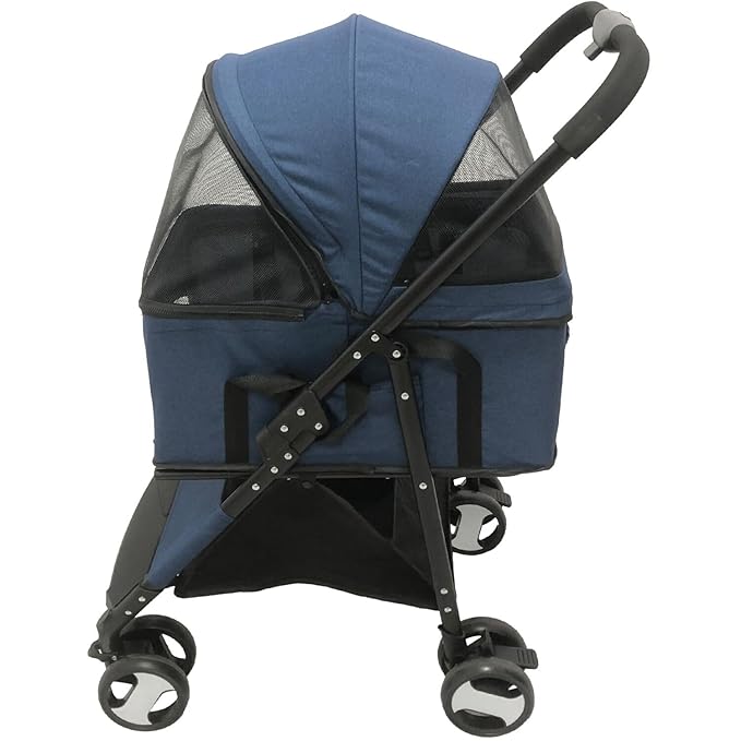Critter Sitters Pet Stroller with Storage Basket, Single Carriage Carrier for Animals up to 33 lbs., 4-Wheel, Travel and Transportation for Cats, Small Dogs, Blue