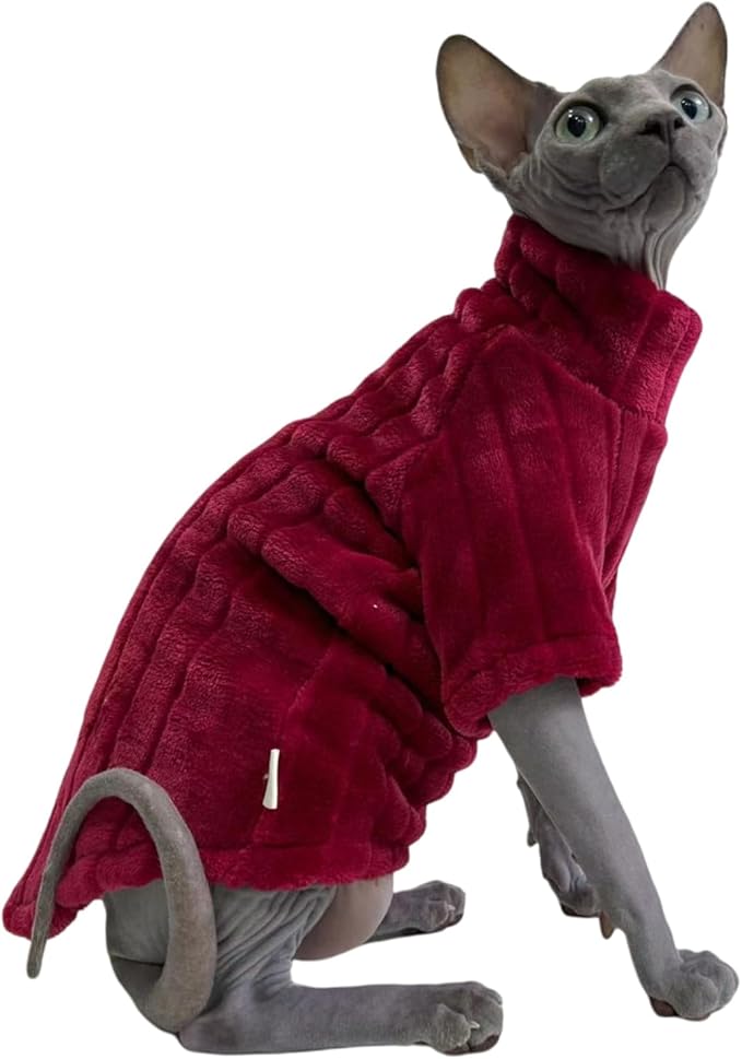 Turtleneck Sweater for Sphynx Cat Soft Coral Fleece Cat Clothes Thick Winter Warm Outfit Coat for Hairless Cats and Small Dogs Apparel with Sleeves (Wine, S (3-5 lbs))