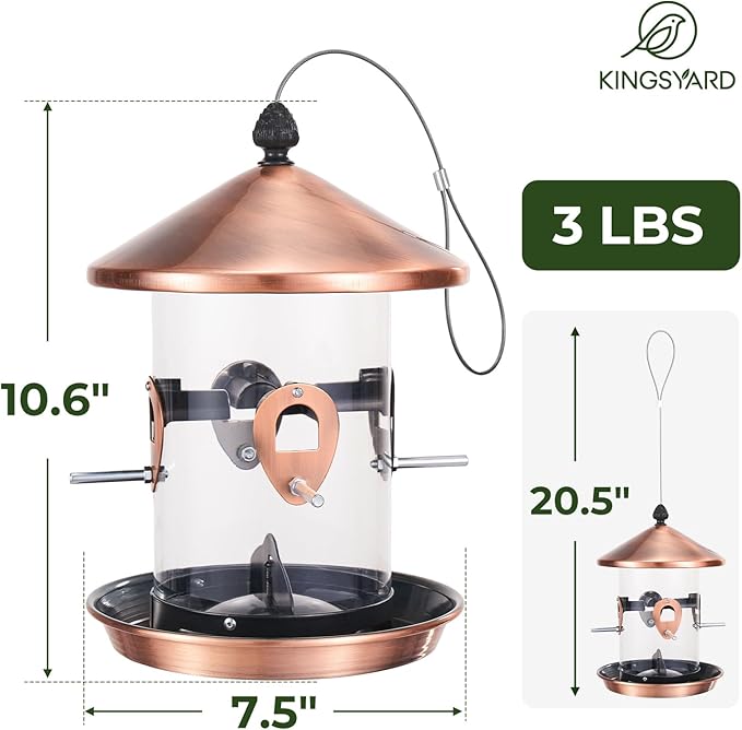 Kingsyard Metal Bird Feeders for Outdoors Hanging with 8 Ports, 3 lbs Large Tube Bird Feeder with Seed Tray for Cardinal Finch, Easy to Fill and Clean, Copper