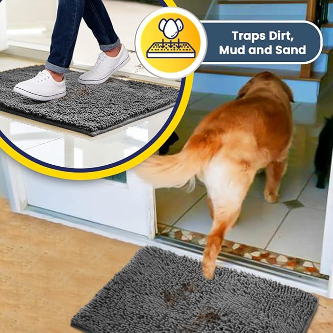 Muddy Mat® Shown on TV – Super Absorbent Microfiber Dog Door Mat for Muddy Paws, Non-Slip Washable Pet Rug, Quick Dry Chenille Entryway Carpet, Machine Washable Indoor Outdoor mat, Grey 59"x35"