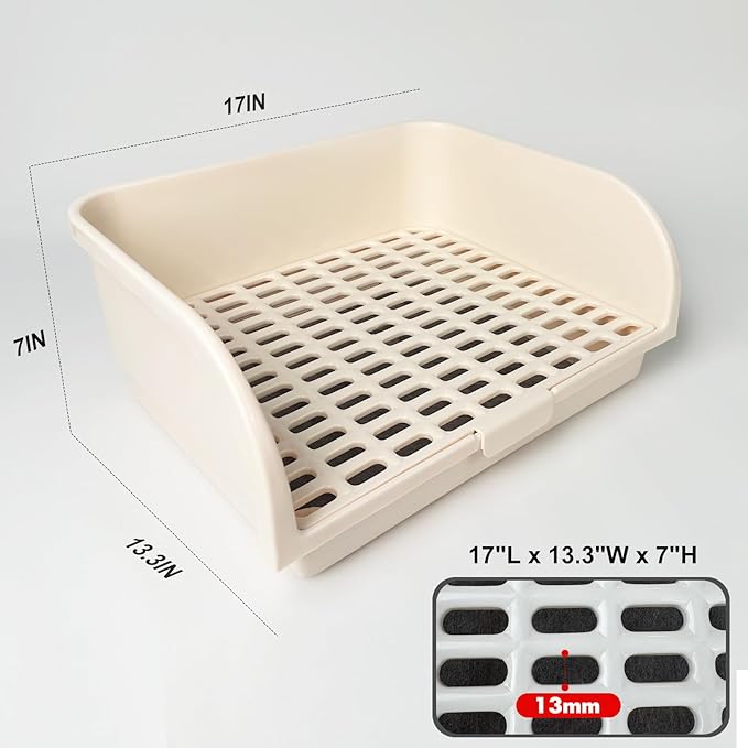 Rabbit Litter Box for Cage with Grate, Large Rabbit Litter Pan for Bunny, Ferret, Guinea Pig, Chinchilla, Easy Clean Small Animal Potty Tray for Toilet Training (Cream)
