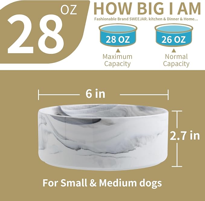 Elevated/Raised Dog Bowl Ceramic for Small Medium Sized Breed,Dog Food Water Bowl with Stand,6 in 3.6 Cups Non Slip Heavy Weighted Dog Dish Marble Grey