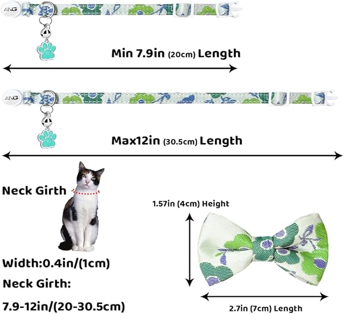 Personalized Breakaway Cat Collars - ID Tag, Bell, Bowtie - Safety Quick-Release, Customized for Girls & Boys Cats (Floral Pattern-Green)